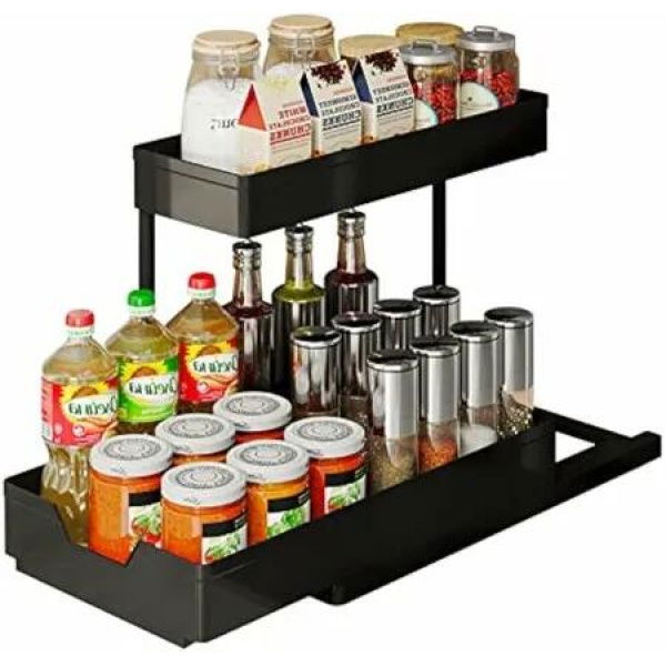 Under Sink Organizer Kitchen Organization,2 Tier Cabinet Organizer with 4 Hooks,Bathroom Kitchen Organizer Black