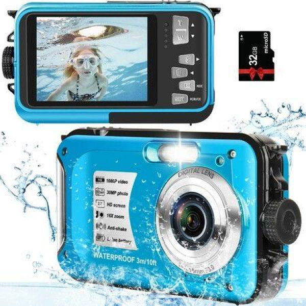 Underwater Camera with 32GB Card 10FT 30MP FHD 1080P Waterproof Camera Compact 16X Digital Zoom Waterproof Digital Camera (Blue)