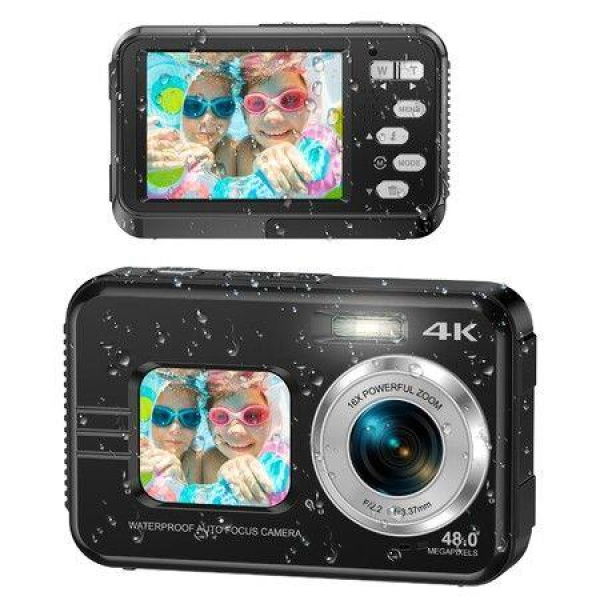 Underwater Cameras,4K Waterproof Digital Camera 48 MP AF Function Selfie Dual Screens,Compact Portable 11FT Underwater Camera,2 Battery (Black)