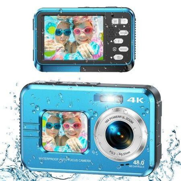 Underwater Cameras,4K Waterproof Digital Camera 48 MP AF Function Selfie Dual Screens,Compact Portable 11FT Underwater Camera,2 Battery (Blue)