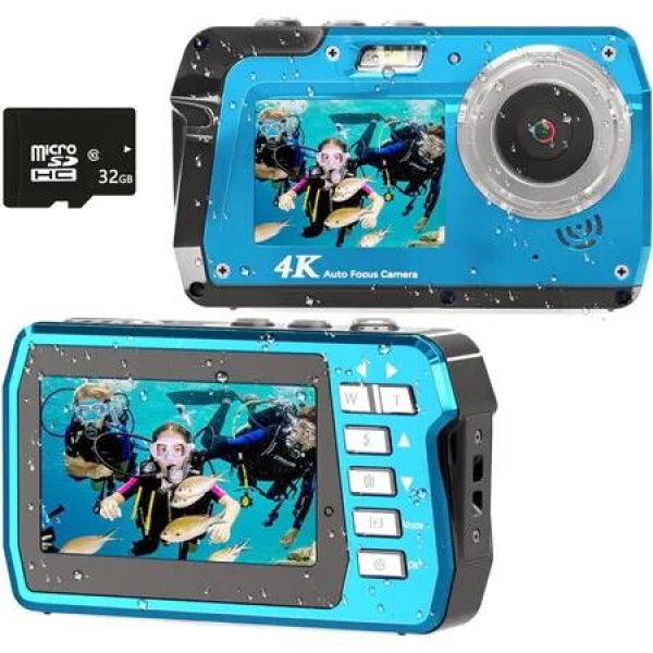 Underwater Camera,Waterproof Camera with 32GB Card,4K FHD 48MP Dual-Screen Selfie Digital Camera,10FT Waterproof Camera for Snorkeling,Surfing,Rafting (Blue)