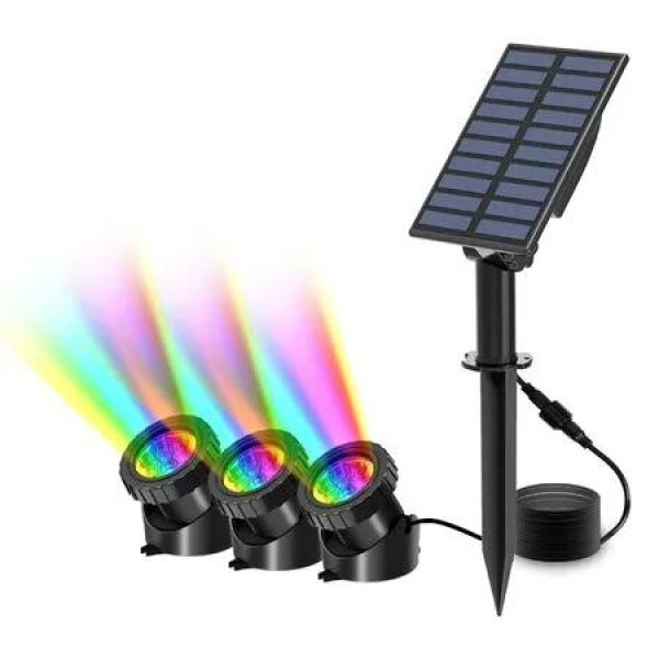 Underwater Solar Pond Lights/LED Landscape Spotlights with 3-in-1 RGB Color Changing-Create a Magical Ambiance for Your Pond,Garden,Yard(3 Head Lamp)