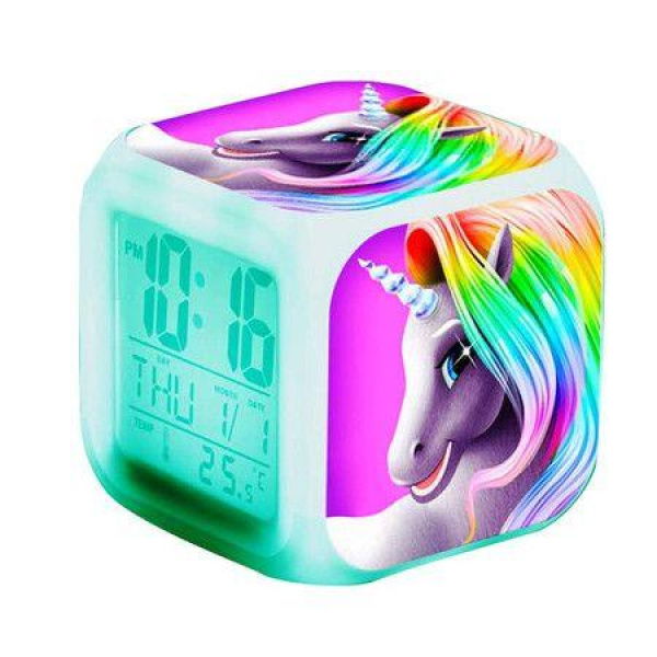 Unicorn Digital Alarm Clocks For Girls LED Night Glowing Cube LCD Clock With Light (Rainbow)