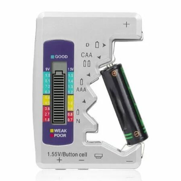 Universal Battery Tester Checker,Digital Battery Capacity Level Tester for C AA AAA D N 9V 1.5V Button Cell Small Mini Batteries Silver