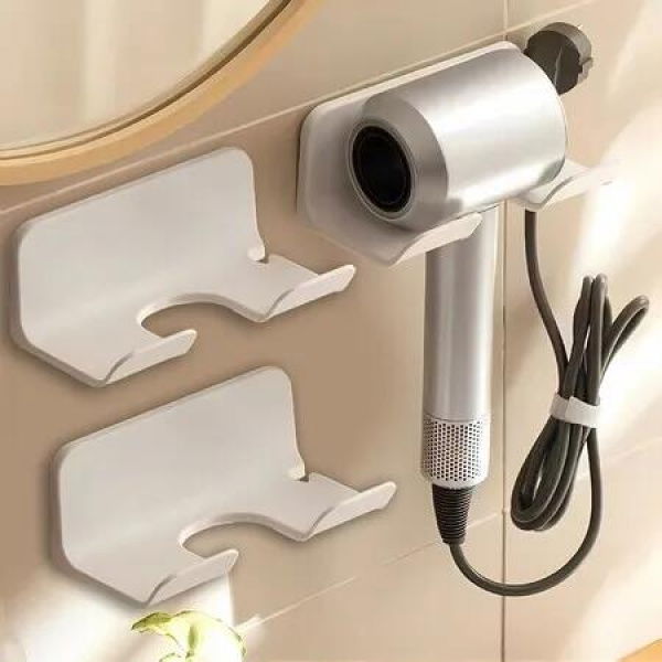 Universal Hair Dryer Holder,Blow Dryer Hanger Wall Mount for Hair Dryer Hook with Plug Cord Organizer Self Adhesive (2 Pack White)