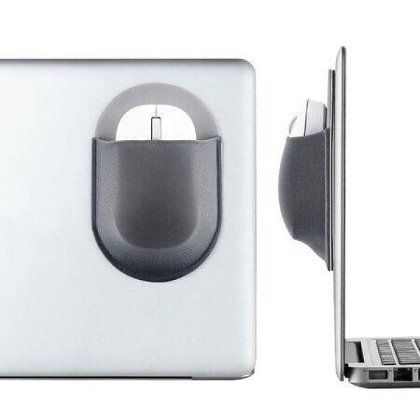 Universal Stick-On Mouse Pouch,Holder for Wireless Mouse,Sleeve for Laptop,Reusable Adhesive,No Glue Residue,Compatible with iPad or MacBook (Grey)