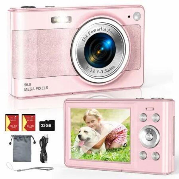 Upgrade Digital Camera,56MP FHD 1080P Camera with 16x Zoom Anti Shake,Kid Camera with 32GB TF Card,Two Batteries,Compact Small Camera (Pink)