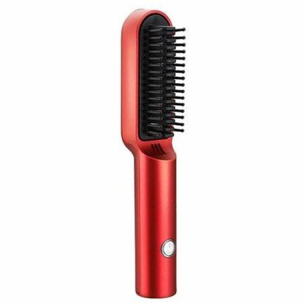 USB Cordless Hair Straightener Comb Ceramic Hair Straightener Brush Travel Portable Chargeable Hair Curler - Red