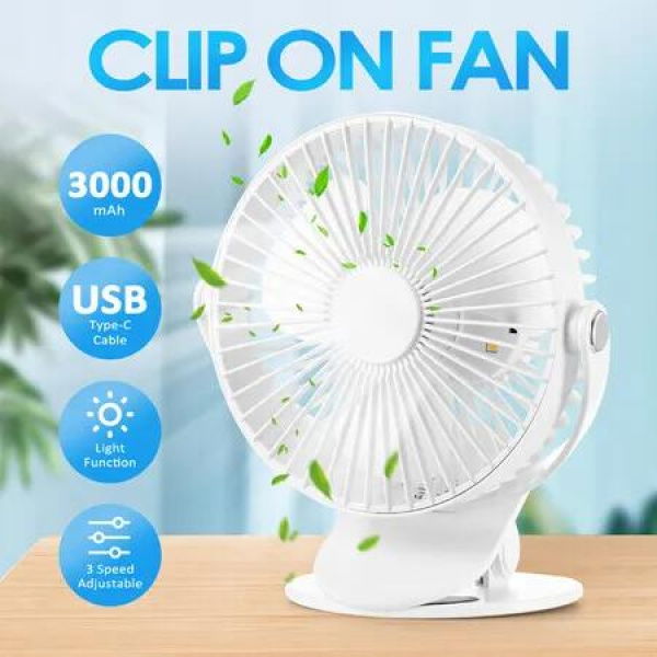 USB Desk Clip On Fan Portable Cooling Clamp Table Wall Battery Powered Air Circulator 360 Degree Rotation with Light for Car Stroller Travel Camping