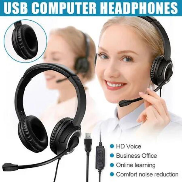 USB Headset Wired Noise Cancelling Microphone PC Laptop Headphones Over Ear Gaming Call Centre Office Computer