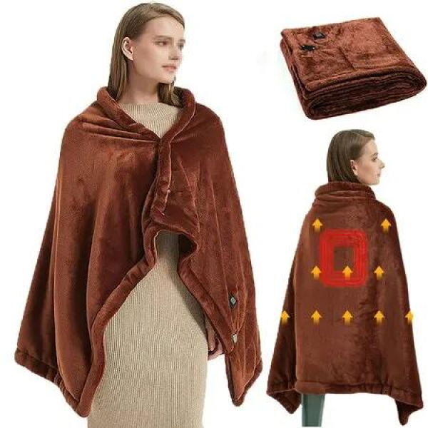 USB Heating Electric Blanket, 140x80cm Ultra-Soft Flannel Warm Cape, Heated Blanket with 3 Temperature Levels Washable Color Brown