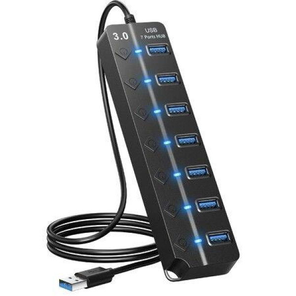 USB Hub 3.0 7-Port USB Hub Splitter With Individual On/Off Switches And Lights 3.2ft/1m Long Cable Compatible With MacBook Laptop Surface Pro PS4 PC Flash Drive Mobile HDD.