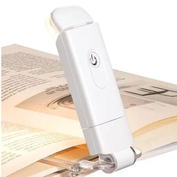 USB Rechargeable Book Light, Warm White, Brightness Adjustable for Eye Protection, LED Clip on Portable Bookmark Light for Reading in Bed, Car (White)