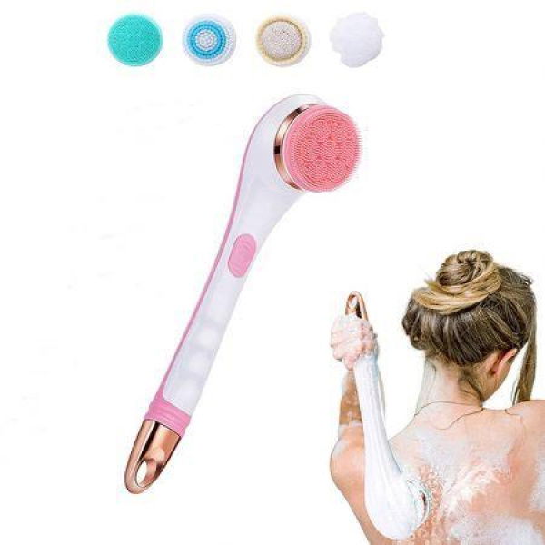 USB Rechargeable Silicone Shower Brush Long Handle Electric Scrubber 4 In 1 Body Scrub And Deep Cleaning Massage 1 Pack (Pink)