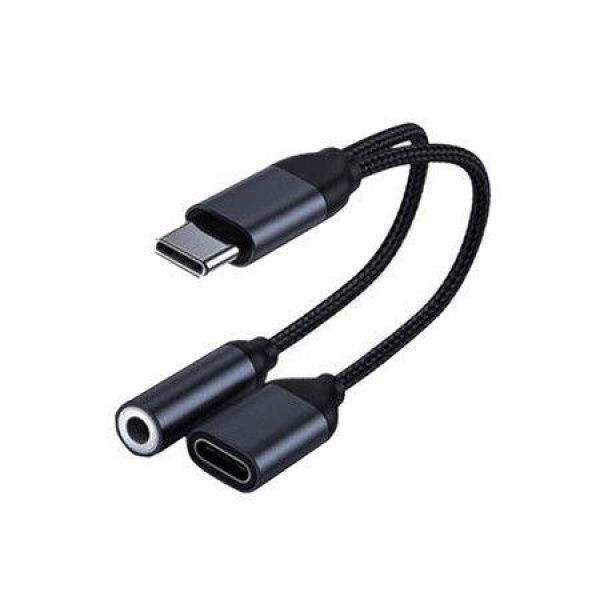 USB Type-C To 3.5mm Headphone And Charger Adapter 2-in-1 USB-C To Aux Audio Jack Hi-Res DAC (Black)