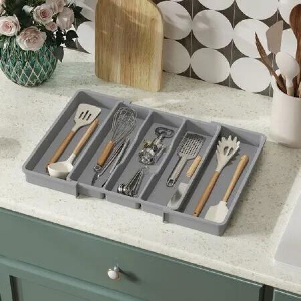 Utensil Drawer Organiser Expandable Large Cutlery Tray for Kitchen organisation Silverware Flatware Holder Plastic Spatula Tools and Gadgets Divider Gray