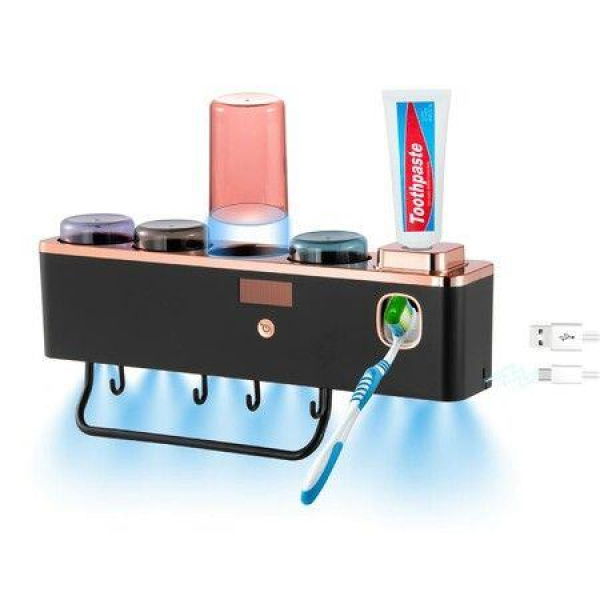 UV Toothbrush Holder With Toothpaste Squeezer Wall Mounted For Bathroom USB Rechargeable With UVC LED Light-4 Cups