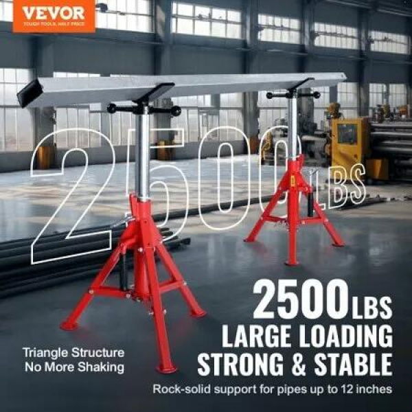 V Head Pipe Stand 1/8'-12' Capacity Adjustable Height 20'-37' Pipe Jack Stands 2500 lb. Load Capacity Portable Folding Pipe Stands Carbon Steel Body