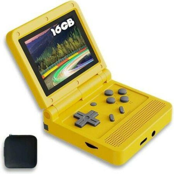 V90 Handheld Game Console 3 Inch Retro Clamshell Games Consoles Built-in Rechargeable Battery Portable Style Hand Held Game Video Consoles System With Case Yellow 16GB