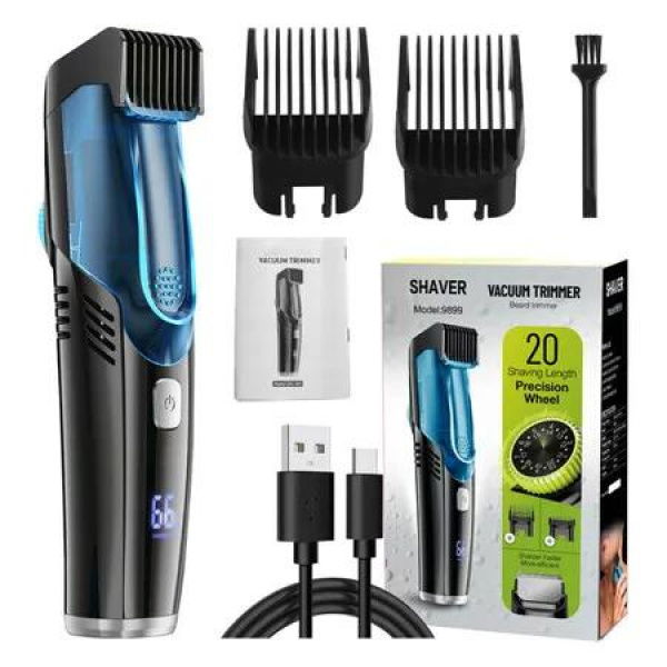 Vacuum Beard Trimmer for Men, Rechargeable Mustache Trimmer with Adjustable Length Comb Waterproof Built-in Electric Beard Trimmer Removable Blades,Blue