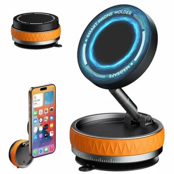 Vacuum Magnetic Phone Holder 360 Degree Rotatable Suction Cup Phone Mount,Foldable Vacuum Strong Magnet Cell Phone Stand for Car Smooth Surface(Orange)