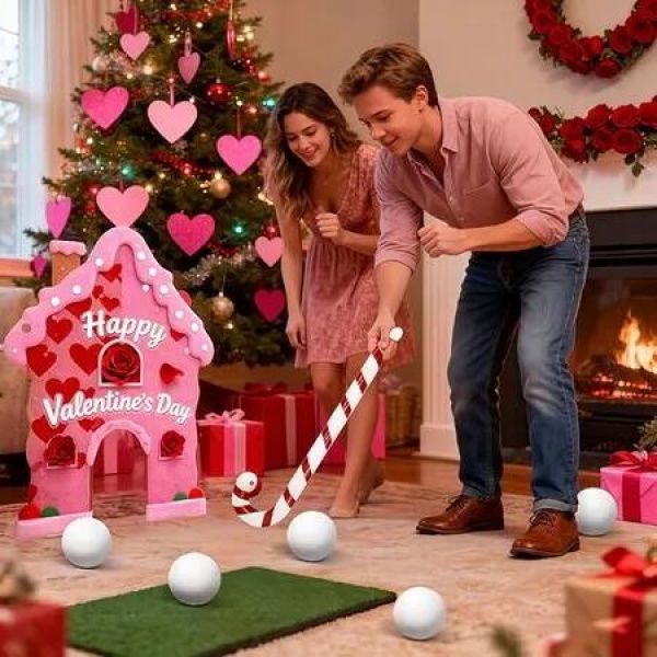 Valentine Golf Game Set With Candy Cane Club 6 Balls,Portable Golf Course Set,For Family Parties,Indoor And Office Fun Valentine Gift