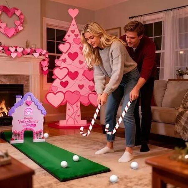 Valentine Golf Game Set With Candy Cane Club 6 Balls,Portable Golf Course Set,For Family Parties,Indoor And Office Fun Valentine Gift