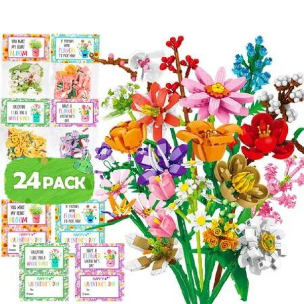 Valentines Day Gifts,24 Packs Flower Bouquet Building Blocks,Artificial Wildflower Botanical Exchange Gift Classroom Prize Party Favor,Daisy