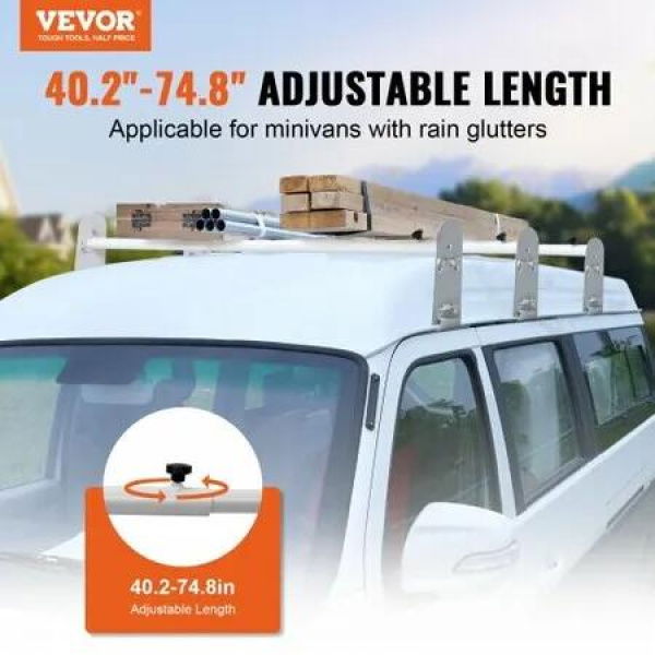 Van Roof Ladder Rack, 3 Bars Alloy Steel Roof Racks, 750 LBS Capacity Rain-Gutter Roof Rack, Adjustable Length 40.2' to 74.8', Van Ladder Rack Compatible with Chevrolet Express, GMC Savana, etc