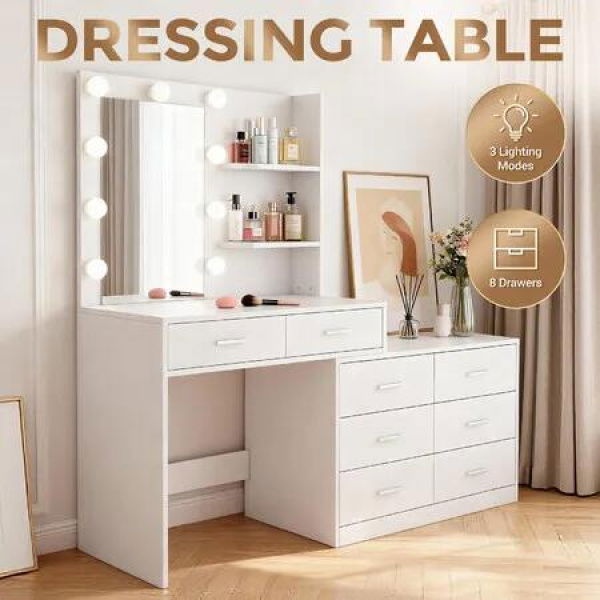 Vanity Dressing Table Mirror Hollywood Dresser White Makeup Desk with 10 LED Lighted Bulbs 3 Lighting Colours 8 Drawers 2 Shelves Bedroom Furniture