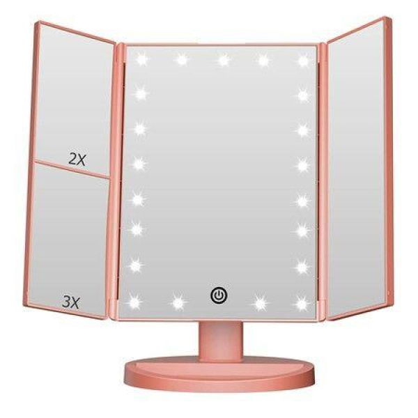 Vanity Makeup Mirror With Lights 1x 2X 3X Magnification Touch Control Trifold Makeup Mirror Dual Power Supply Portable LED Women Gift (Rose Gold)