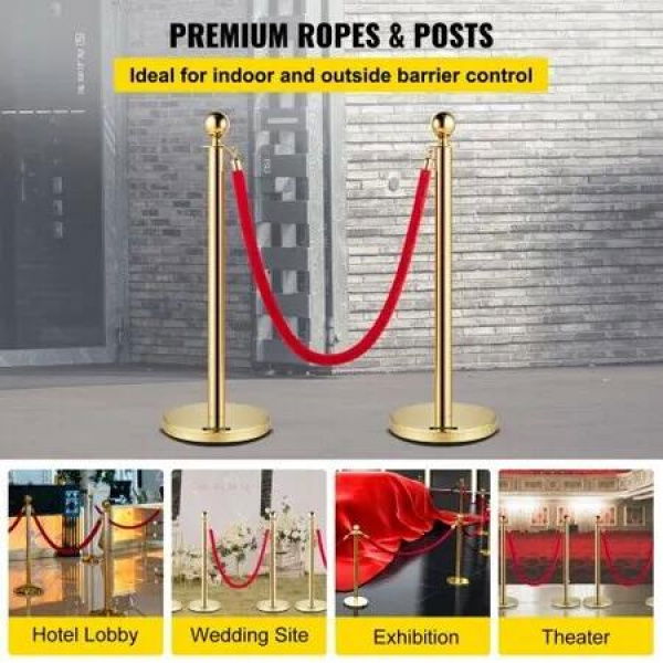 Velvet Ropes and Posts 5 ft/1.5 m Red Rope Stainless Steel Gold Stanchion w/ Ball Top Red Crowd Control Barrier Used for Theaters Party Wedding Exhibition