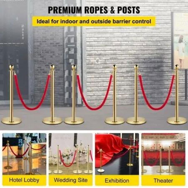 Velvet Ropes and Posts Gold Stanchion 5ft/1.5m Crowd Control Barriers 6PCS