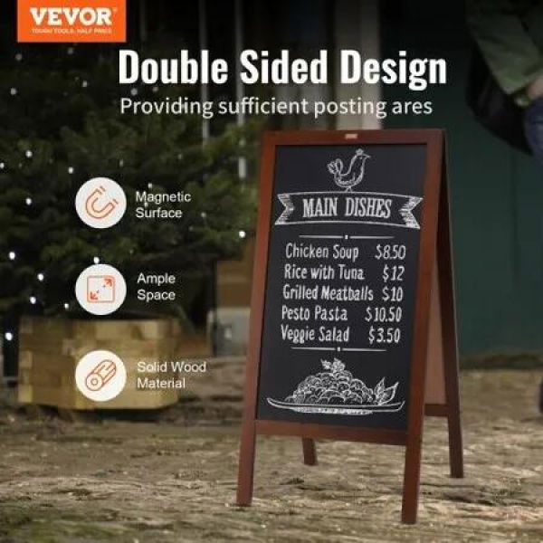 VEOVR A Frame Chalkboard Sign 50x102 cm Double-Sided Sidewalk Signs Freestanding Vintage Wooden Chalk Board with Chalks & Magnetic Eraser Rustic Brown