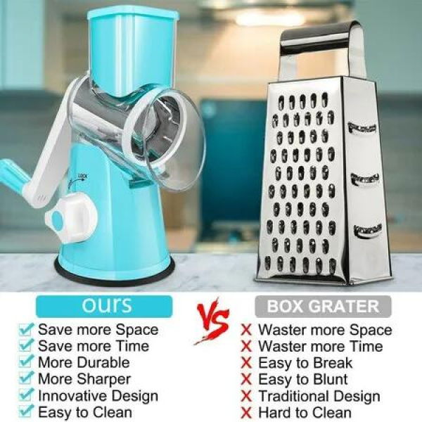 Versatile Rotary Cheese Grater and Vegetable Slicer with Interchangeable 3 Blades for Effortless Food Prep(Blue)