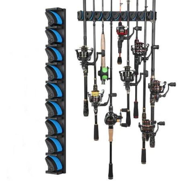 Vertical Wall Mounted Fishing Rod Rack,Fishing Pole Holder Holds Up to 9 Rods Combos,Fishing Rod Holders for Garage,Fits Most Rods