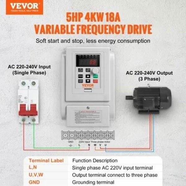 VFD 5HP 4KW 18A 1 Phase 220V-240V Input to 3 Phase 220V-240V Output Variable Frequency Drive 0-400Hz VFD for AC Motor Speed Control