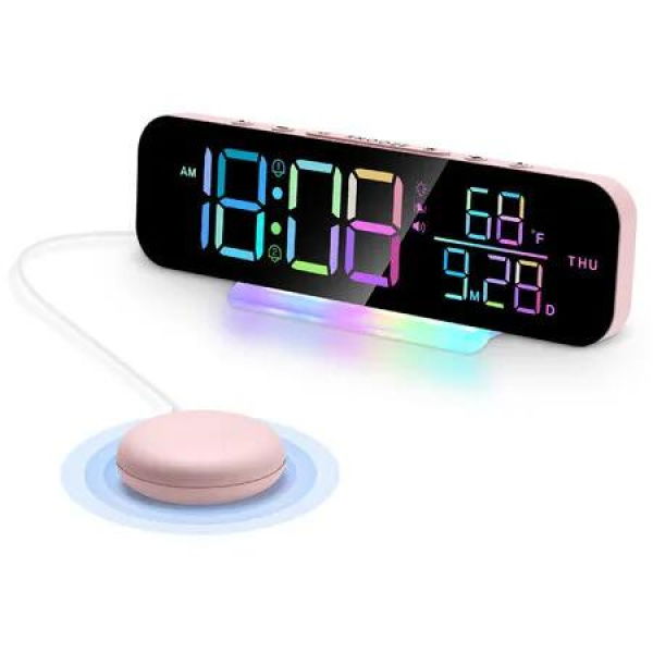 Vibrating Alarm Clock, Large LED Digital Display, Dual Alarms with Dimmable Volume Adjustable, for Deep Sleepers and Hearing Impaired Seniors (Pink)