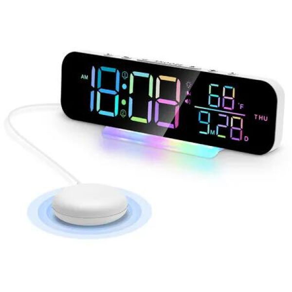Vibrating Alarm Clock, Large LED Digital Display, Dual Alarms with Dimmable Volume Adjustable, for Deep Sleepers and Hearing Impaired Seniors (White)