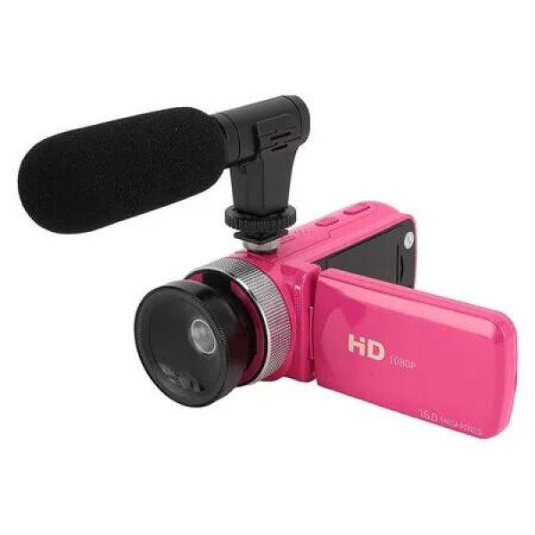 Video Camera Camcorder 16MP 1080P HD 16X Digital Zoom with Microphone for Vlogging Events Music Live Streaming, Pink