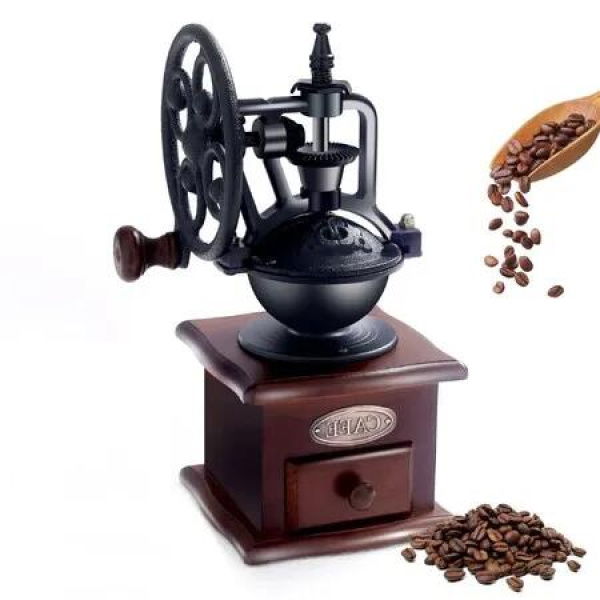 Vintage Charm Hand Manual Coffee Grinder with Wooden Finish, Roller Mill, and Classic French Press for Freshly Brewed Coffee