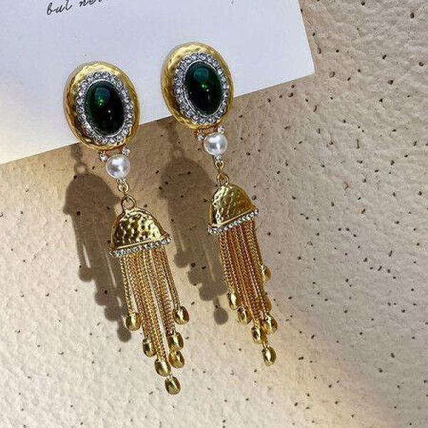 Vintage No-pierced Palace Style Treasure Tassel Ear Clip Ancient Color Glass Earrings Stud Clip No-pierced