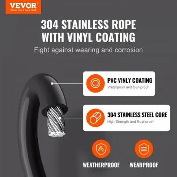 Vinyl Coated Wire Rope Kit 3/32 Cable Through 1/16 Diameter Stainless Steel 7x7 Strands Construction with 189 Accessories for String Lights Clothesline