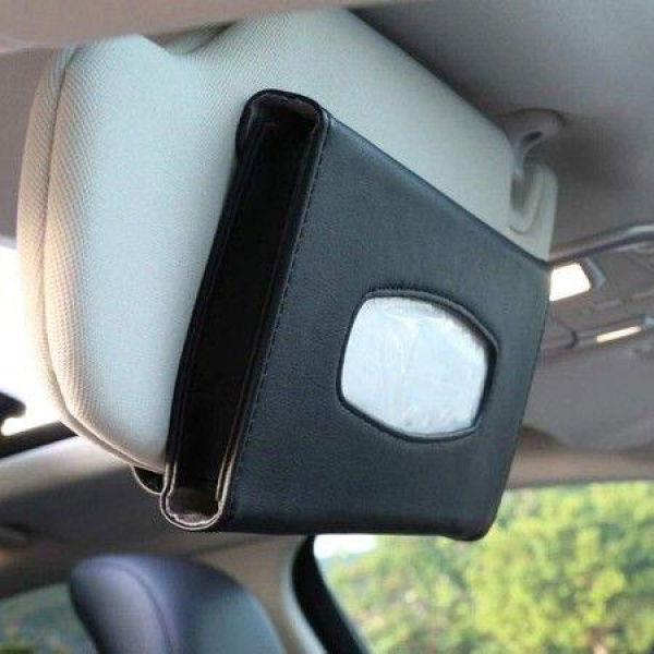 Visor Tissue Box Holder - PU Leather Van Truck Vehicle Car Tissues Case Dispenser For Backseat And Sun Visor Refill Paper Included (Black)