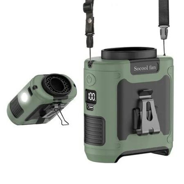 Waist Fan Cooling Clip Wearable Belt Rechargeable Portable Personal Neck Flashlight Power Bank 10000mAh 5 Speeds Green Outdoor Travel Camping