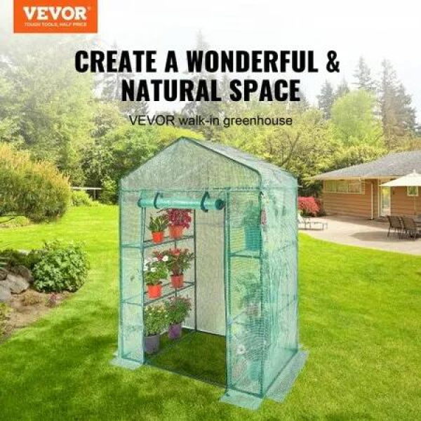 Walk-in Green House, 4.6 x 2.4 x 6.7 ft Greenhouse with Shelves, Set Up in Minutes, High Strength PE Cover with Doors & Windows and Steel Frame, Suitable for Planting and Storage, Green