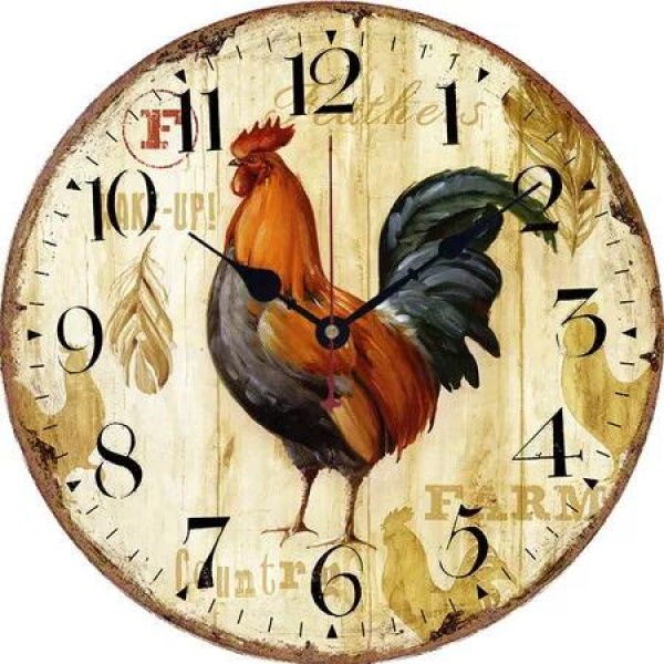 Wall Clock Rustic Rooster Style Silent Non-Ticking Quartz Clock 14 Inch Art Wall Decorative Large Wall Clock for Living Room Bedroom Kitchen