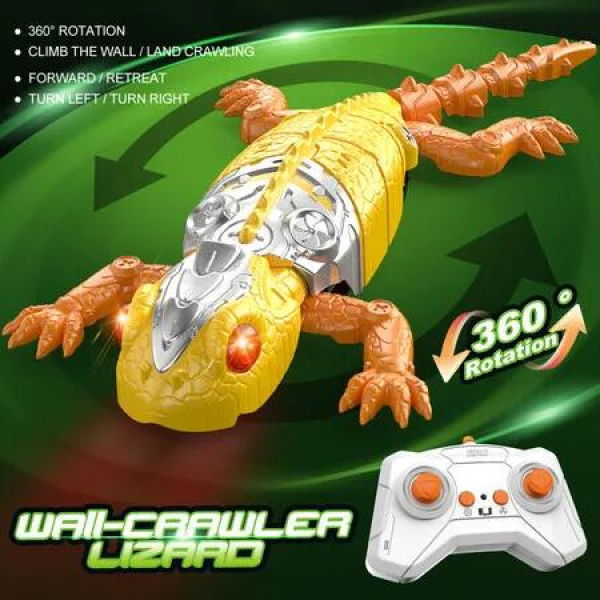 Wall Crawler Gecko RC Toy,Remote Control Lizard Wall Climbing Toy Electric Lizard Toys with Led Glowing Eyes,Birthday Gifts for Boys Age 8-13,Yellow