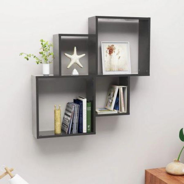 Wall Cube Shelf High Gloss Grey 80x15x78.5 Cm Engineered Wood.