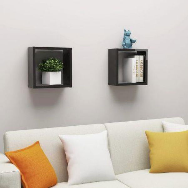 Wall Cube Shelves 2 Pcs High Gloss Black 30x15x30 Cm